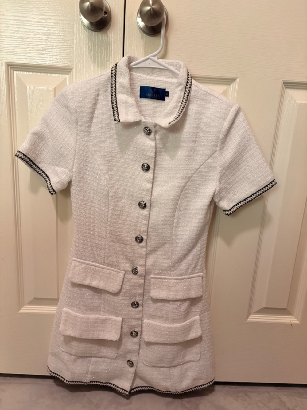 White Tweed Short Sleeve Button Dress with Black Trim